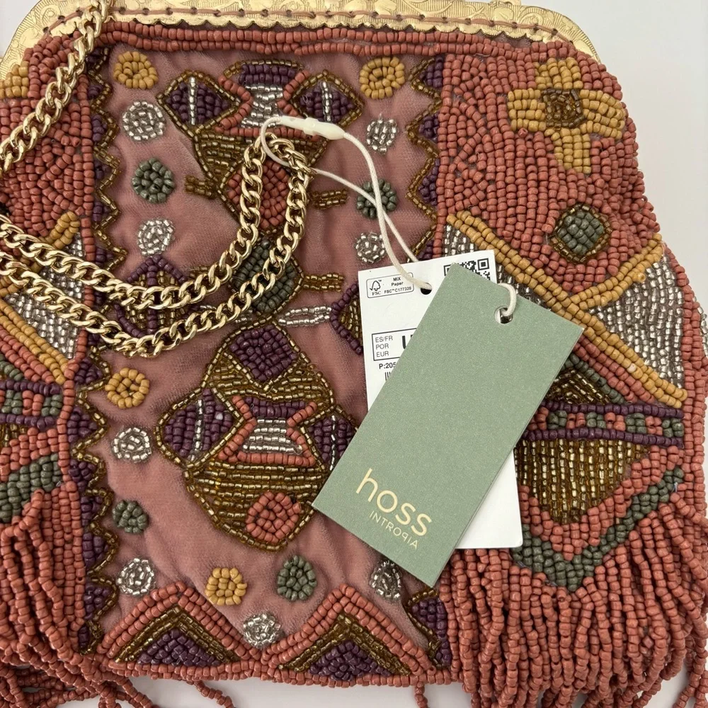 Hoss Intropia Beaded Evening Bag NWT KISS Lock Earthy Colors Tribal-Design Boho - Picture 9 of 9